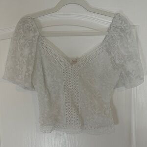 Lace-Embroidered V-Neck Puff Sleeve Blouse - White